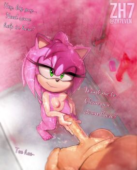 abs amy_rose bare_legs barefoot bath bathing bathing_together cleaning completely_nude english_text eyelashes feet flat_chest furry furry_with_non-furry giggling glans green_eyes half-closed_eyes highres imminent_masturbation interspecies legs long_eyelashes looking_at_viewer looking_up medium_hair naughty_face nipples nude older_male_and_younger_female penis petite pink_fur pink_hair pov pussy seductive_smile sega shampoo shampoo_bottle shower_scene showering showering_together size_difference small_nipples smile soap sonic_(series) tail talking toes water wet zh7even