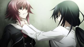 2girls against_wall ahoge angry asphyxiation black_dress black_hair bow breasts buttons chaos;child chest_bow choke_hold clenched_teeth cropped_jacket double-breasted dress drooling fang fighting game_cg hair_between_eyes hekiho_academy hekiho_academy_school_uniform highres jacket kunosato_mio lab_coat long_hair long_sleeves medium_breasts multiple_girls non-web_source official_art onoe_serika open_mouth pink_eyes pink_hair ponytail purple_eyes sailor_collar saliva sasaki_mutsumi school_uniform science_adventure short_hair short_hair_with_long_locks sidelocks strangling stray_hair teeth v-shaped_eyebrows white_sailor_collar