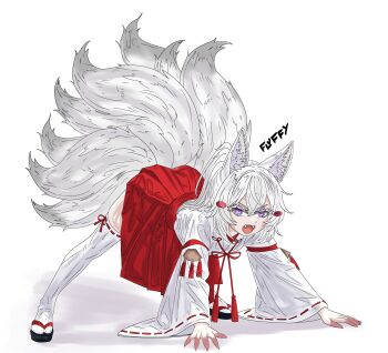 1girl absurdres all_fours animal_ear_fluff animal_ears chihaya_(clothing) commentary english_commentary fang fluffycataaa fox_ears fox_girl fox_tail full_body hair_between_eyes hair_ornament highres japanese_clothes kitsune long_sleeves looking_at_viewer miko multiple_tails open_mouth phase_connect ponytail puffy_sleeves purple_eyes red_ribbon ribbon sandals simple_background skirt socks solo tail tenma_maemi tenma_maemi_(shrine_maiden) virtual_youtuber white_hair white_socks zouri