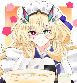 1girl apron barghest_(fate) barghest_(swimsuit_archer)_(second_ascension)_(fate) blonde_hair closed_mouth commentary_request earrings fate/grand_order fate_(series) food green_eyes hair_between_eyes heterochromia holding holding_plate jewelry long_hair maid maid_apron maid_headdress onigiri plate red_eyes smile solo souki3123 tea