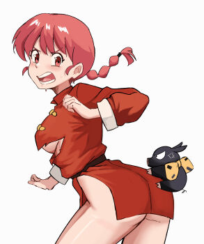 Rule 34 | 1girl, absurdres, anger vein, animal, ass, braid, breasts, chinese clothes, commentary, embarrassed, gustaflowart, highres, looking at viewer, looking back, no panties, open mouth, p-chan, pink hair, ranma-chan, ranma 1/2, side slit, simple background, teeth, torn clothes, underboob, white background