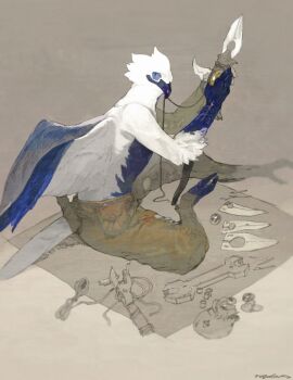 1boy animal_feet bird_boy blue_eyes blue_feathers blue_wings claws commentary_request feathers full_body furry furry_male grey_background highres holding holding_weapon looking_at_viewer male_focus mouth_hold nagabe original pixiv_fantasia pixiv_fantasia_new_world sitting solo tail topless_male weapon white_feathers white_wings wings wrench