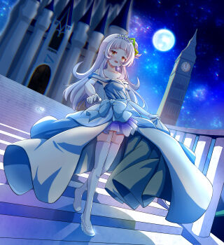 1girl absurdres alternate_costume castle clock clock_tower dress elbow_gloves full_moon glass_slipper gloves grey_hair hair_bun highres hololive jun_(noiji_guren_0220) long_hair looking_at_viewer moon murasaki_shion open_mouth shoes sidelocks smile solo tears thighhighs tower very_long_hair virtual_youtuber white_dress white_gloves white_shoes white_thighhighs yellow_eyes