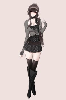 1girl absurdres alternate_costume black_boots black_skirt black_thighhighs boots breasts brown_background brown_hair collarbone commentary dsr-50_(girls&#039;_frontline) english_commentary full_body girls&#039;_frontline girls&#039;_frontline_2:_exilium gwendolynstore hair_intakes hand_up highres long_hair looking_at_viewer loreley_(girls&#039;_frontline_2) parted_lips red_eyes simple_background skirt solo thighhighs