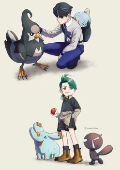 1boy 1girl ^_^ absurdres aged_down bandaid bandaid_on_knee bandaid_on_leg black_eyes black_hair black_shorts blue_necktie blue_pants boots brown_boots closed_eyes collared_shirt commentary_request gen_2_pokemon gen_4_pokemon gen_7_pokemon green_hair grey_hair grin hand_in_pocket highres holding holding_poke_ball komala larry_(pokemon) multicolored_hair necktie nintendo paldean_wooper pants phanpy poke_ball poke_ball_(basic) pokemon pokemon_sv ponytail red_eyes reverse_trap rika_(pokemon) school_uniform shirt shorts smile squatting staravia streaked_hair suma3695 thick_eyebrows twitter_username two-tone_hair uva_academy_school_uniform