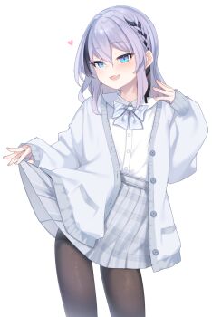 1girl black_hair black_pantyhose blue_eyes bow bowtie braid cardigan commentary_request fang flat_chest grey_bow grey_bowtie grey_cardigan grey_skirt heart highres kinukawa_chinatsu long_hair long_sleeves miniskirt multicolored_hair open_mouth original otokuyou paid_reward_available pantyhose plaid_clothes plaid_skirt purple_hair shirt simple_background skin_fang skirt solo streaked_hair two-tone_hair white_background white_shirt