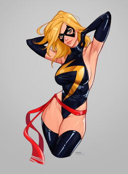 1girl animification armpits blonde_hair breasts carol_danvers domino_mask eye_mask gloves highres leotard long_hair looking_at_viewer marvel mask ms._marvel olena_minko sash scarf smile solo superhero_costume thighhighs