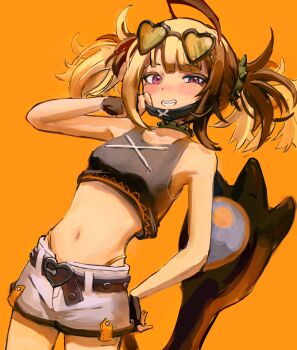 1girl ahoge alternate_costume black_gloves black_mask black_shirt breasts brown_hair commentary eyewear_on_head fingerless_gloves gigi_murin gloves grey_shorts heart heart-shaped_eyewear highres hololive hololive_english looking_at_viewer mask mask_pull medium_hair mouth_mask multicolored_hair nynaceae orange_background purple_eyes shirt shorts small_breasts smile solo sunglasses tail two-tone_hair two_side_up virtual_youtuber