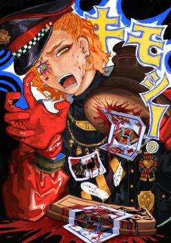 1boy @_@ abstract absurdres black_background black_hat black_jacket black_sash black_sweater blood blood_on_face breast_pocket card cater_diamond cater_diamond_(trick_king_jacket) chain chain_necklace charm_(object) checkered_clothes commentary_request cornrows crown_(symbol) diamond_(shape) earrings eyeshadow facial_mark furrowed_brow gavel gloves gold_chain green_eyes hand_up hat highres holding holding_mallet hv48ell ink jacket jewelry king_(playing_card) latex latex_gloves makeup male_focus mallet medal multicolored_jacket multiple_necklaces narrowed_eyes necklace open_clothes open_jacket open_mouth orange_hair peaked_cap playing_card pocket popped_collar rectangular_mouth red_eyeshadow red_gloves red_jacket red_trim sash short_hair silver_earrings sleeve_cuffs solo striped_sash sweater translation_request turtleneck turtleneck_sweater twisted_wonderland two-sided_fabric two-sided_jacket two-tone_jacket two-tone_sash upper_body wavy_eyebrows wavy_hair yellow_sash