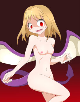 1girl amauchi blonde_hair breasts collarbone commentary_request crazy_smile demon_girl demon_tail demon_wings highres lencubus looking_at_viewer mon-musu_quest! monster_girl navel nipples nude purple_tail red_background red_eyes smile tail wings