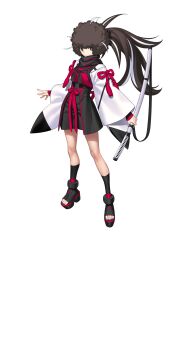 1girl afro black_ribbon black_scarf black_shoes black_shorts black_socks brown_eyes brown_hair fate/grand_order fate_(series) full_body hair_ribbon haori highres holding holding_sword holding_weapon japanese_clothes katana kawakami_gensai_(fate) kawakami_gensai_(first_ascension)_(fate) large_variant_set long_hair looking_at_viewer multicolored_hair official_art ponytail red_ribbon ribbon scarf shirt shoes shorts socks solo standing streaked_hair sword tachi-e takeuchi_takashi third-party_source transparent_background two-tone_hair variant_set weapon white_hair white_haori