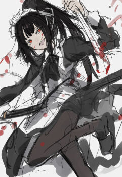 Rule 34 | 1girl, absurdres, apron, black dress, blood, chuhaibane, dress, frilled apron, frills, highres, limbus company, maid, maid apron, maid headdress, official alternate costume, official alternate hairstyle, project moon, ryoshu (project moon), solo, sword, unconventional maid, waist apron, weapon, white apron