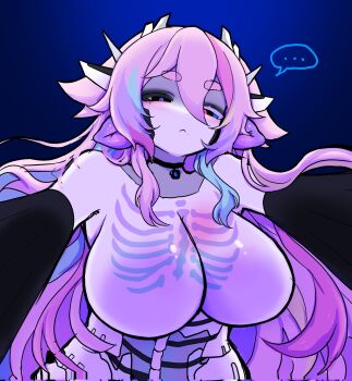 ... 1girl android black_eyeshadow blush breasts bug_(houndeater) choker colored_eyelashes colored_skin eyeshadow highres houndeater large_breasts long_hair makeup mole mole_under_eye mole_under_mouth monster_girl multicolored_hair no_nipples original other_pov pink_hair pov ribs see-through_body speech_bubble spoken_ellipsis very_long_hair white_skin