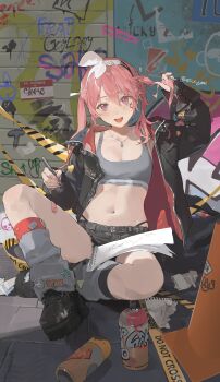 1girl absurdres bandaid black_jacket black_shoes black_shorts breasts caution_tape cleavage crop_top ericx_gasi graffiti grey_socks hair_between_eyes hairband highres holding holding_pen jacket jewelry long_hair long_sleeves looking_at_viewer midriff navel necklace open_clothes open_jacket open_mouth original paper pen pink_hair purple_eyes shoes short_shorts shorts sitting smile socks solo sports_bra twintails