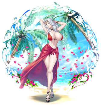 1girl 2024 armpits arms_behind_head arms_up beach bikini black_shoes blue_sky breasts cara_cromwell cara_the_blood_lord cleavage cloud cloudy_sky coconut coconut_tree curly_hair flower hibiscus high_heels highleg highleg_bikini highres huge_breasts jewelry kagami_hirotaka large_breasts long_hair micro_bikini navel necklace ocean official_art palm_leaf palm_tree petals platform_footwear platform_heels platform_shoes red_bikini red_eyes red_sarong sarong shoes sky solo standing summer sun sunlight swimsuit taimanin_(series) taimanin_rpgx thong thong_bikini tree umbrella vampire wet white_hair