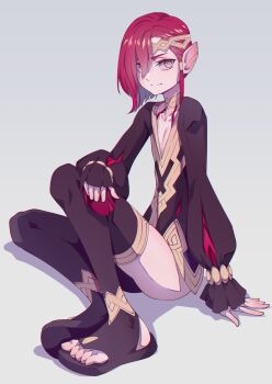 Rule 34 | 1boy, absurdres, androgynous, character request, commentary, elm (fire emblem), fire emblem, fire emblem heroes, full body, grey background, headband, hej 510, highres, nintendo, pale skin, pectoral cleavage, pectorals, poet sleeves, red hair, shadow, short hair, simple background, sitting, thighhighs