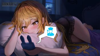 1girl absurdres artist_request barefoot black_chemise blonde_hair blush brown_dust_(series) brown_dust_2 character_request chemise closed_mouth copyright_name copyright_notice highres holding holding_phone long_hair official_art on_bed phone pillow second-party_source shadow solo window yellow_eyes