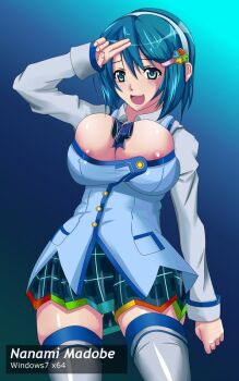 1girl 7-tan areola_slip artist_request blue_hair breasts character_name cleavage english_text large_breasts madobe_nanami microsoft_windows non-web_source os-tan skirt solo source_request thighhighs zettai_ryouiki