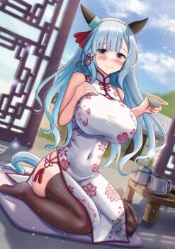 1girl animal_ears black_pantyhose blue_hair blush breasts china_dress chinese_clothes commentary_request day dress highres horse_ears horse_girl huge_breasts indoors lio_(maguri) long_hair looking_at_viewer mejiro_ardan_(umamusume) pantyhose purple_eyes sitting sliding_doors smile solo tea tenshi_souzou_re-boot! umamusume wariza white_dress