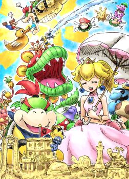 blonde_hair blue_neckerchief bowser bowser_jr. cataquack dress earrings f.l.u.d.d. facial_hair food fruit highres holding holding_umbrella il_piantissimo jewelry kicdon mario mario_(series) mustache neckerchief nintendo noki_(mario) open_mouth petey_piranha pianta pineapple princess_peach red_hair sand_castle sand_sculpture shine_sprite sleeveless sleeveless_dress sphere_earrings sunglasses super_mario_sunshine toadsworth umbrella yoshi