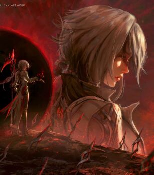 1girl arlecchino_(genshin_impact) artist_name black_hair black_pants black_shoes closed_mouth coat crimson_moon&#039;s_semblance_(genshin_impact) genshin_impact grey_coat grey_hair highres holding holding_polearm holding_scythe holding_weapon jvn long_hair missing_commentary multicolored_hair pants polearm red_eyes red_pupils scythe shoes solo standing streaked_hair symbol-shaped_pupils two-tone_hair weapon zoom_layer