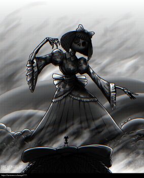 2girls absurdres aengel777 dress eldritch_abomination giant giantess greyscale hair_ribbon halloween hat highres horror_(theme) jester jester_cap medium_hair monochrome multiple_girls no_eyes patchwork_clothes pomni_(the_amazing_digital_circus) ragatha_(the_amazing_digital_circus) ribbon skeleton the_amazing_digital_circus