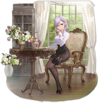 1girl alternate_costume artist_request bespectacled braid breasts brown_pantyhose brown_shoes brown_skirt cup curtains drinking_glass earrings flower flower_request full_body game_asset glasses grey_eyes grey_hair holding holding_cup indoors izayoi_sakuya jewelry knife large_breasts long_sleeves looking_at_viewer non-web_source office_lady official_art over-rim_eyewear pantyhose pencil_skirt pink_flower self-datamine semi-rimless_eyewear sheath sheathed shelf shirt shoes simple_background single_braid sitting skirt solo table teacup teapot thigh_sheath touhou touhou_arcadia_record transparent_background white_flower white_shirt window