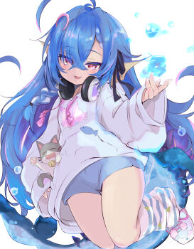 Rule 34 | 1girl, absurdres, ahoge, animal, bell, blue hair, blue shoes, blue shorts, braid, braided bangs, cat, commentary request, commission, copyright request, drawstring, fang, fins, gluteal fold, grey hoodie, hair between eyes, head fins, headphones, headphones around neck, highres, hood, hood down, hoodie, jingle bell, long hair, long sleeves, looking at viewer, multicolored hair, neck bell, open mouth, puffy long sleeves, puffy sleeves, red eyes, shibainu kisetsu, shoes, short shorts, shorts, simple background, skeb commission, sleeves past wrists, socks, solo, streaked hair, striped clothes, striped socks, tail, thigh gap, very long hair, water drop, white background, white hair