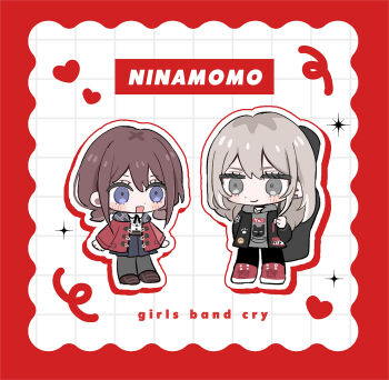 Rule 34 | 2girls, black jacket, black pantyhose, blue eyes, blue skirt, brown hair, character name, chibi, commentary, girls band cry, grey eyes, grey hair, grey hoodie, guitar case, hamchan69, heart, highres, hood, hood down, hoodie, instrument case, instrument on back, iseri nina, jacket, kawaragi momoka, long hair, low twintails, multicolored hair, multiple girls, open clothes, open jacket, open mouth, outline, pantyhose, pelt, red jacket, roots (hair), ship name, short hair, short twintails, skirt, twintails, white outline