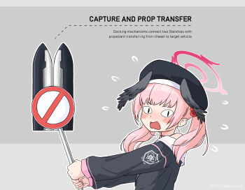 &lt;|&gt;_&lt;|&gt; 1girl absurdres beret black_hat black_shirt blue_archive blush commentary_request english_text flying_sweatdrops grey_background halo hat highres holding holding_sign koharu_(blue_archive) long_sleeves looking_at_viewer partial_commentary pink_eyes pink_hair pink_halo road_sign sbarky38 shirt sign simple_background solo spacecraft spacex spacex_starship stop_sign twintails upper_body winged_halo