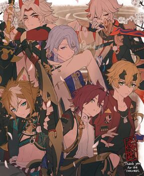 6+boys ahoge aiguillette animal_ears aqua_eyes arataki_itto armor arms_up artist_name asymmetrical_sleeves bandaged_arm bandaged_hand bandages black_collar black_gloves black_nails black_scarf black_shirt blonde_hair blue_hair bodypaint bow_(weapon) branch brown_background brown_hair chest_harness closed_mouth club club_(weapon) collar collarbone colored_inner_hair crossed_bangs dog_ears dog_tags earrings facepaint fake_horns fingerless_gloves fingernails flower frown genshin_impact gloves gold_trim gorou_(genshin_impact) green_eyes grey_pants hair_between_eyes harness headband holding holding_bow_(weapon) holding_sword holding_weapon horned_headwear horns igote jacket japanese_armor japanese_clothes jewelry kaedehara_kazuha kagotsurube_isshin_(genshin_impact) kamisato_ayato kanabou kimono kote kurokote lapels long_hair long_sleeves looking_at_viewer male_focus mismatched_sleeves multicolored_hair multiple_boys oni_horns open_clothes open_jacket outstretched_arm pants parted_bangs parted_lips paw_print pom_pom_(clothes) purple_eyes red_eyes red_hair red_horns red_jacket red_scarf rope scarf shikanoin_heizou shimenawa shirt short_hair shorts shoulder_armor sidelocks sleeveless sleeveless_shirt sode spiked_club streaked_hair suitchi_(gn4othi61) swept_bangs sword tassel thank_you thoma_(genshin_impact) twitter_username v-shaped_eyebrows weapon white_flower white_hair white_jacket white_kimono white_shirt wide_sleeves