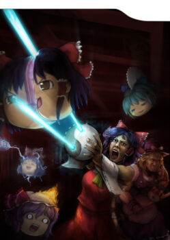 2girls cho_marisa cirno cover creepy dead_space_(series) electrocution epic fire video_game_cover hakurei_reimu horror_(theme) kawashiro_nitori kirisame_marisa kojamerii laser multiple_girls nagae_iku parody realistic remilia_scarlet tears touhou what when_you_see_it yin_yang yukkuri_cirno yukkuri_shiteitte_ne