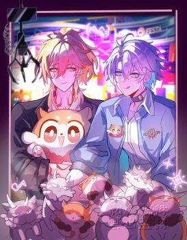 2boys alternate_costume antenna_hair arm_tattoo black_choker black_jacket blonde_hair blue_eyes blue_jacket choker crane_game facial_tattoo gradient_hair hashtag-only_commentary highres honkai:_star_rail honkai_(series) hugging_doll hugging_object jacket looking_at_another male_focus medium_hair multicolored_hair multiple_boys mydei_(fig_stew)_(honkai:_star_rail) mydei_(honkai:_star_rail) neck_tattoo open_clothes open_jacket parted_bangs phainon_(honkai:_star_rail) phainon_(vigethos)_(honkai:_star_rail) ponytail red_hair red_tattoo shirt short_hair stuffed_toy tattoo tongue tongue_out watermark white_hair white_shirt xianhualian yaoi yellow_eyes