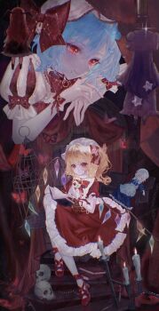 absurdres birdcage blonde_hair blue_hair book bug butterfly cage closed_mouth commentary_request crystal_wings curtains dress expressionless flandre_scarlet frills hat highres holding holding_book hong_meiling insect izayoi_sakuya koakuma long_hair long_sleeves looking_at_another medium_hair minamo_kyoka mob_cap open_book patchouli_knowledge pocket_watch puppet puppet_strings purple_hair red_dress red_eyes red_hair red_shoes remilia_scarlet shoes short_sleeves side_ponytail skull smile socks touhou vampire watch white_dress white_hair white_socks wings