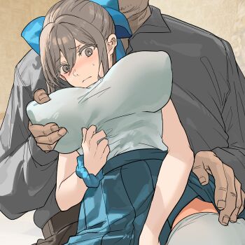 1boy 1girl absurdres between_legs blue_ribbon blue_scrunchie blue_skirt blush brown_eyes brown_hair brown_pants closed_mouth collared_shirt commentary_request grabbing_another&#039;s_breast grabbing_from_behind gradient_background grey_shirt groping hair_between_eyes hair_ribbon hand_between_legs hand_on_another&#039;s_thigh hand_up hetero highres ingenkita long_sleeves miniskirt nose_blush original pants pleated_skirt ribbon school_uniform scrunchie shirt short_sleeves sidelocks skirt solo_focus sweatdrop thighhighs ugly_bastard white_shirt white_thighhighs worried wrist_scrunchie zettai_ryouiki