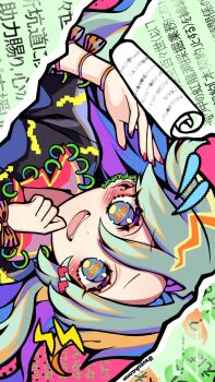 1girl arm_bow arm_ribbon black_shirt blouse blush bow commentary english_commentary grey_eyes grey_hair hand_to_own_mouth highres himemushi_momoyo kyouda_suzuka long_hair looking_at_viewer nail_polish open_mouth orange_bow orange_ribbon print_shirt red_nails ribbon shirt solo symbol-shaped_pupils teeth touhou twitter_username upper_teeth_only