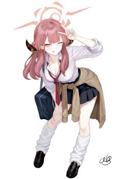 Rule 34 | 1girl, ;p, absurdres, alternate costume, aru (blue archive), bag, black skirt, blue archive, breasts, brown cardigan, brown horns, cardigan, cardigan around waist, cleavage, clothes around waist, collared shirt, commentary request, demon horns, gyaru, halo, hand on own thigh, highres, horns, leaning forward, leg warmers, loafers, long hair, looking at viewer, loose necktie, low horns, medium breasts, necktie, one eye closed, orange halo, oto jampan, partially open shirt, pink hair, pleated skirt, red necktie, school bag, school uniform, shirt, shoes, signature, simple background, skirt, sleeves rolled up, solo, tongue, tongue out, v, white background, white leg warmers, white shirt
