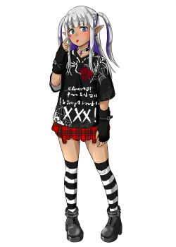 Rule 34 | 1girl, :p, absurdres, akanbe, arm guards, black boots, black shirt, blue eyes, blunt bangs, boots, choker, colored inner hair, cross, cross choker, dark-skinned female, dark elf, dark skin, elf, eyelid pull, finger to eye, full body, gothic punk, grey hair, highres, karla (kono healer mendokusai), kono healer mendokusai, miniskirt, multicolored hair, official art, over-kneehighs, plaid clothes, plaid skirt, pleated skirt, pointy ears, purple hair, red skirt, shirt, short sleeves, skirt, solo, streaked hair, tannen ni hakkou, thighhighs, tongue, tongue out, two-tone hair, two side up