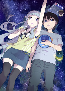 1boy 1girl arm_up binoculars black_thighhighs book cup d: denim denim_skirt hand_on_own_chest kannagi long_hair mikuriya_jin mug nagi open_mouth pants purple_eyes shirt side-by-side silver_hair skirt sky star_(sky) starry_sky t-shirt takenashi_eri thighhighs tied_shirt very_long_hair yellow_shirt zettai_ryouiki