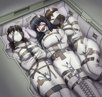 Rule 34 | 3girls, bad id, bad twitter id, ball gag, black hair, blindfold, bound, bound arms, bound legs, breast zipper, breasts, brown hair, buckle, chain, demon girl, demon horns, ear protection, gag, gagged, horns, khtuder, legbinder, lock, looking at viewer, lying, medium breasts, multiple girls, on back, original, padded walls, padlock, pillow, red eyes, sensory deprivation, sex toy, sleepsack, snap-fit buckle, straitjacket, vibrator