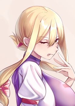 Rule 34 | 1girl, alternate hairstyle, blonde hair, commentary request, cropped torso, from side, highres, long hair, looking at viewer, looking to the side, low-tied long hair, mirufi (milfiiiiyu), missing headwear, one eye closed, portrait, purple tabard, solo, tabard, tongue, tongue out, touhou, yakumo yukari, yellow eyes
