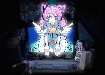 1girl :d angels_of_delusion aqua_streaks aria_(zenless_zone_zero) black_bow blue_eyes bow character_doll commentary_request crossed_bangs doll dress hair_bow hair_ornament highres looking_at_viewer monitor multicolored_hair open_mouth pink_hair smile sparkling_eyes streaked_hair tanaka_kanata09 white_dress white_wings wings zenless_zone_zero