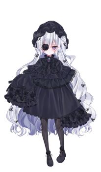 1girl alternate_costume black_dress black_flower black_hat black_pantyhose black_rose black_shoes bow closed_mouth commentary_request dress expressionless flower frilled_dress frills full_body gem hair_bow hat highres long_hair looking_at_viewer mahou_shoujo_no_majo_saiban mob_cap natsume_an-an official_artist_extra one_eye_covered pantyhose purple_eyes rose shoes simple_background solo tokito_setsuna very_long_hair wavy_hair white_background white_hair