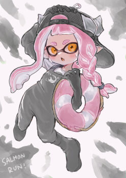 1girl :o arm_up asymmetrical_hair backwards_hat baseball_cap blunt_bangs boots braid elbow_gloves fang flat_chest gloves hand_on_own_head hand_up hat highres holding holding_swim_ring inkling inkling_girl inkling_player_character innertube jumping knees_up legs_apart lifebuoy light_blush logo_print long_hair looking_at_viewer nintendo open_mouth orange_eyes overalls pigeon-toed pink_hair pointy_ears rubber_gloves salmon_run_(splatoon) shards short_sleeves side_braid skin_fang solo splatoon_(series) splatoon_3 spot_color sweatdrop swim_ring tebasaki_(teba_illust) waders white_background