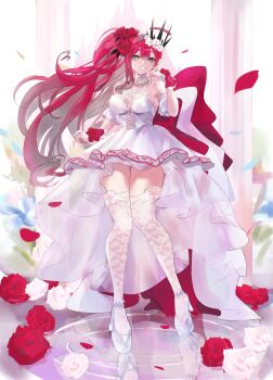 1girl absurdres baobhan_sith_(fate) bare_shoulders blush breasts cleavage commentary_request dress fate/grand_order fate_(series) full_body grey_eyes grin high_heels highres klash large_breasts long_hair looking_at_viewer petals pink_hair platform_heels pointy_ears sidelocks smile solo white_dress