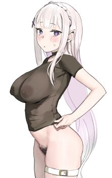 1girl absurdres adjusting_clothes black_choker black_shirt blush braid breasts choker cinn_angl closed_mouth covered_erect_nipples cowboy_shot crown_braid elf emilia_(re:zero) excessive_pubic_hair female_pubic_hair hair_ornament highres large_breasts long_hair looking_at_viewer nipples pointy_ears pubic_hair purple_eyes re:zero_kara_hajimeru_isekai_seikatsu see-through_clothes see-through_shirt shirt simple_background solo sweatdrop thigh_strap very_long_hair white_background x_hair_ornament