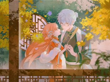 1boy 1girl :d absurdres ahoge autumn_leaves black_robe braid changpao china_dress chinese_clothes chinese_commentary closed_mouth commentary_request couple cowboy_shot dress earrings eye_contact eyewear_strap feather_boa flower from_side glasses grey_eyes hair_between_eyes hair_flower hair_ornament half_up_braid half_updo hand_fan hand_on_another&#039;s_hand hand_on_another&#039;s_hip hetero highres holding holding_fan jewelry lattice leaf light_and_night_love light_particles long_hair long_sleeves looking_at_another open_mouth orange_hair pillar profile protagonist_(light_and_night_love) qi_sili railing red_dress robe round_window scarf semi-rimless_eyewear short_hair side_slit smile standing stole tassel teardrop_earrings tengyuan_bei_ze three-quarter_sleeves tuanshan under-rim_eyewear white_flower white_hair white_scarf window yellow-framed_eyewear yellow_eyes