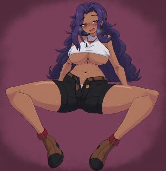 1girl absurdres belt black_shorts blush borrowed_character breasts breath brown_shoes crop_top dark-skinned_female dark_skin doce female_focus full_body half-closed_eyes highres jewelry long_hair looking_at_viewer midriff navel necklace open_mouth orange_eyes original pubic_tattoo purple_background purple_hair shirt shoes shorts solo spread_legs sweat tattoo thighs unbuttoned_pants underboob white_shirt