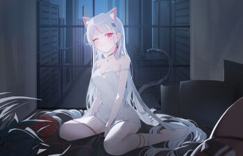 1girl animal_ears blush cat_ears cat_girl cat_tail dongle hair_ornament hairclip highres indoors long_hair looking_at_viewer neneko_mashiro red_eyes smile solo stellive tail thread very_long_hair virtual_youtuber white_hair