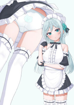 1girl absurdres animal_print apron aqua_eyes asigaru3000 ass back-print_panties bare_shoulders black_bow black_bowtie black_gloves blush bow bowtie cat_print cat_print_panties center_frills closed_mouth clothes_lift clothing_cutout commentary_request crotch_seam dress dress_lift frilled_apron frilled_dress frills frown gloves grey_hair hair_intakes hair_ornament hand_on_own_elbow hand_up highres long_hair maid maid_headdress multiple_views original panties pantyshot print_panties short_dress short_sleeves shoulder_cutout simple_background standing thighhighs trefoil two-tone_dress underwear v-shaped_eyebrows waist_apron white_apron white_background white_panties white_thighhighs wind wind_lift zettai_ryouiki